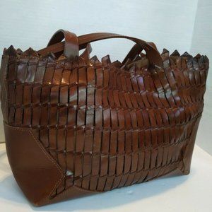 Ellepi Woven Brown Leather Handbag Purse 14.5X11"